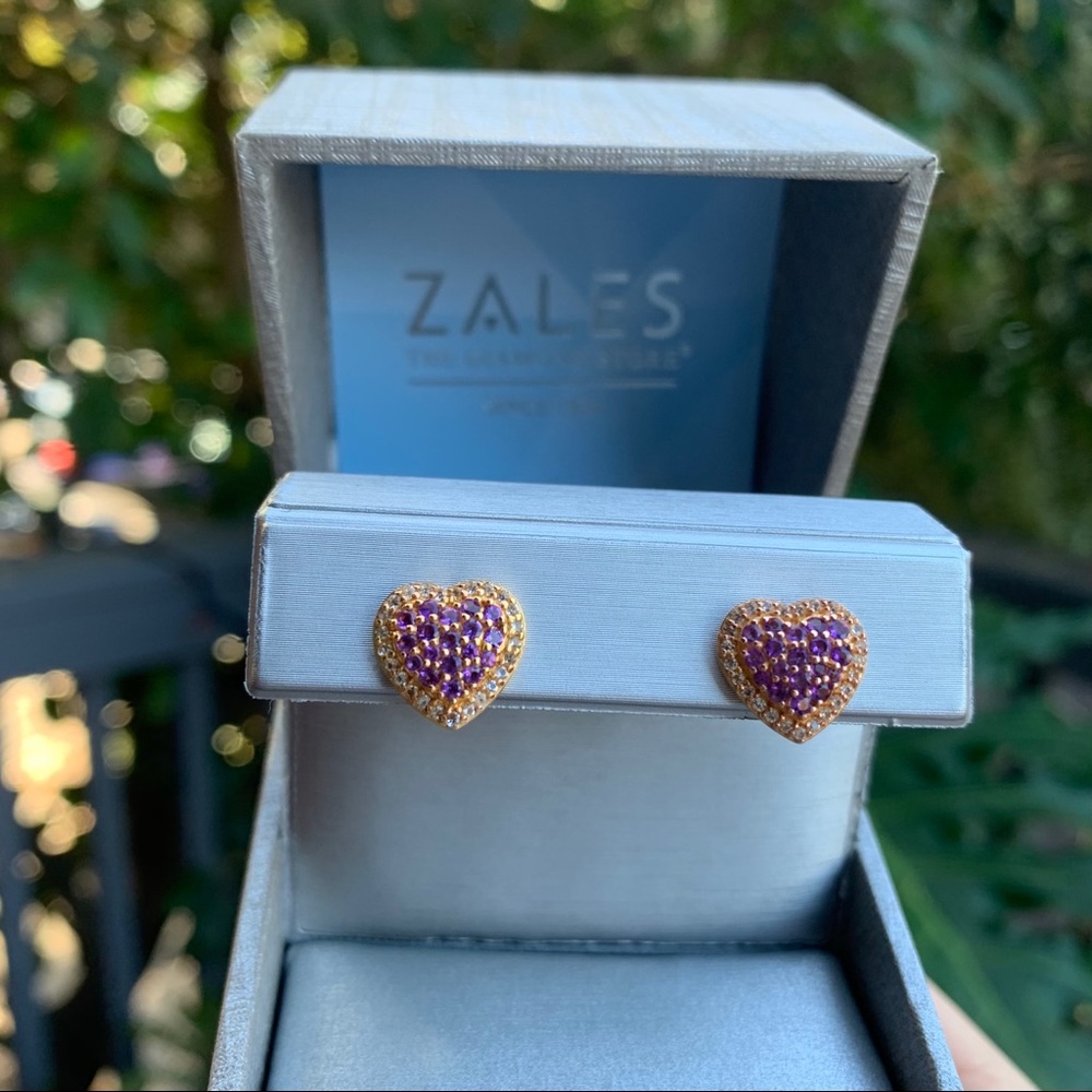 Zales Amethyst and White Topaz Heart Stud Earrings - Picture 3 of 15